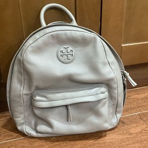 Such a cute Tory Burch leather grey bookbag.